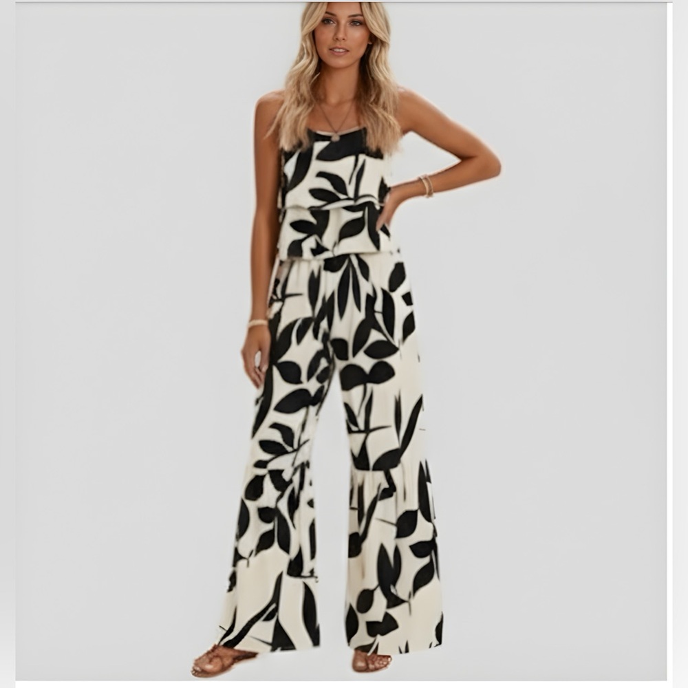 Boho Leaf Print Cami Top & Wide Leg Pants